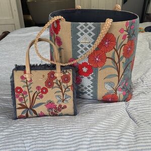 Spartina 449 Canvas Tote and Mini Bag Set in Beige with Red Pink Flowers